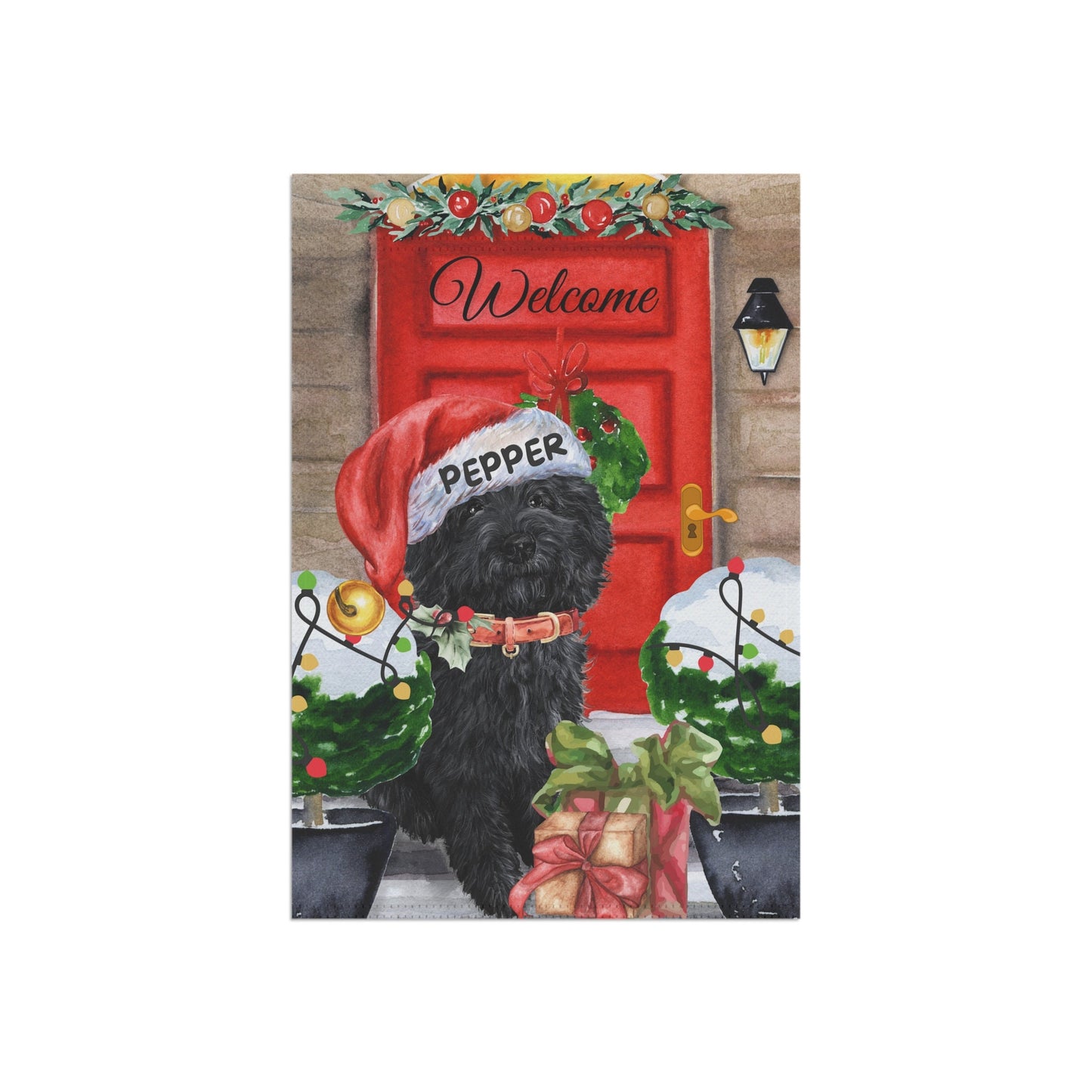 Personalized Black Doodle Dog Christmas Flag - Custom Labradoodle, Goldendoodle, Cockapoo Mom Holiday Gift, Double-sided, Stand No