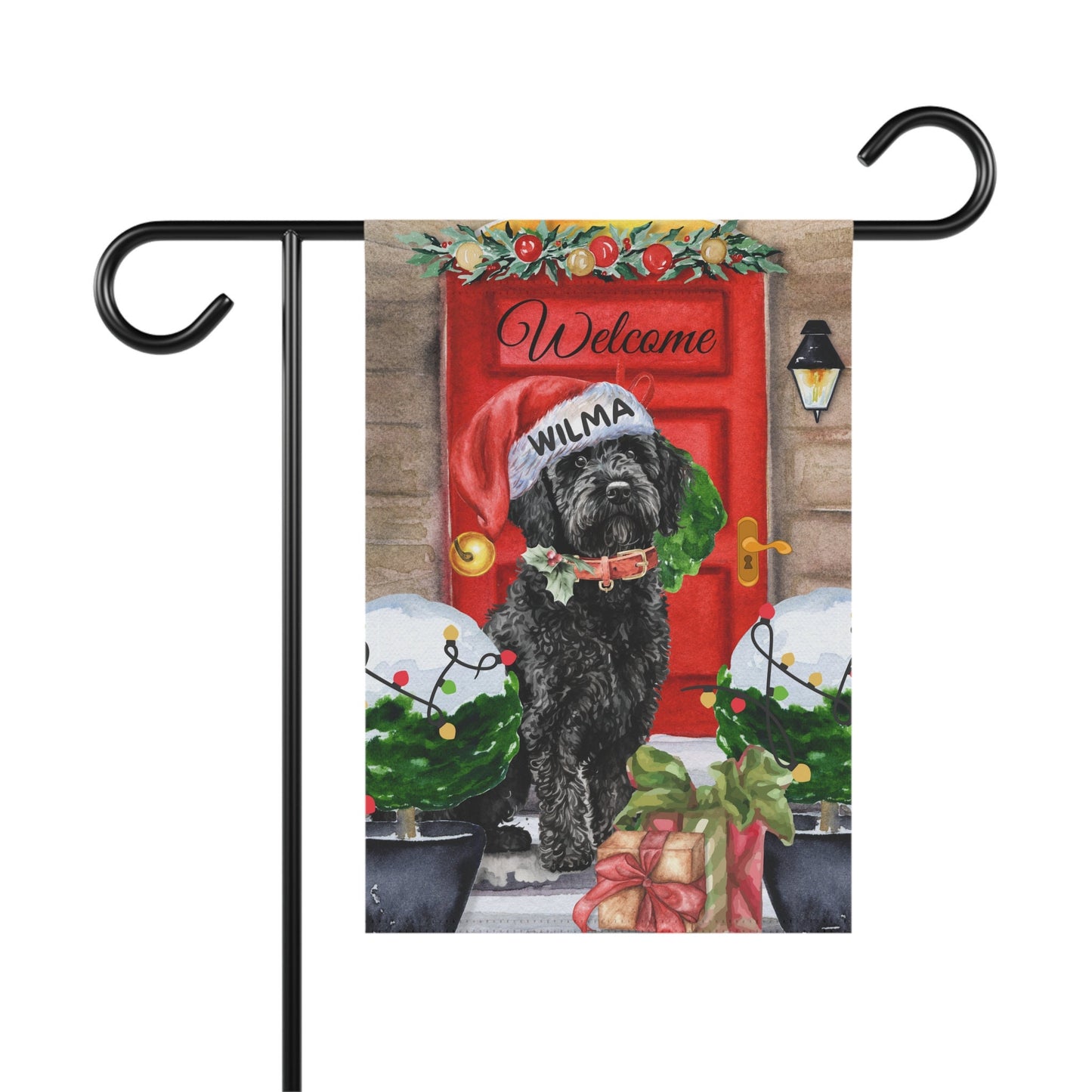 Personalized Black Doodle Dog Christmas Flag - Custom Curly Black Labradoodle, Goldendoodle, Doodle Mom Gift, Stand Not Included