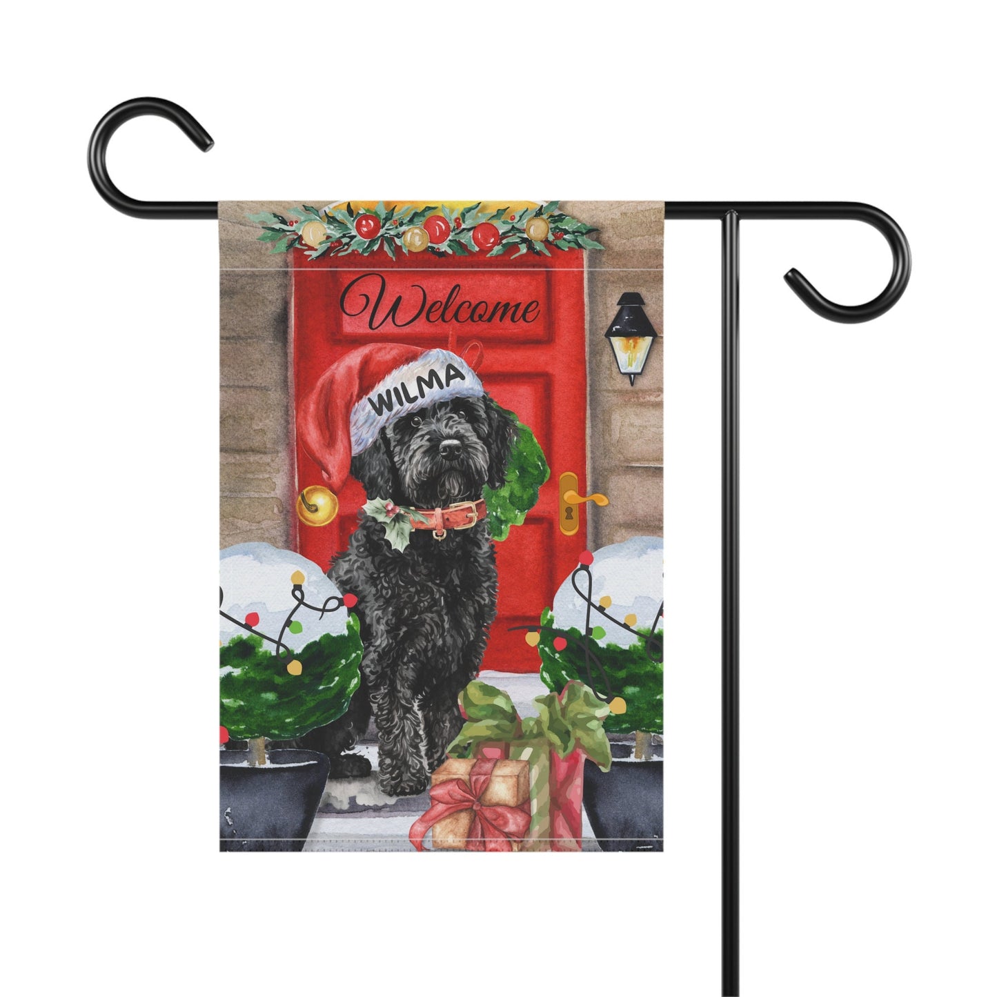 Personalized Black Doodle Dog Christmas Flag - Custom Curly Black Labradoodle, Goldendoodle, Doodle Mom Gift, Stand Not Included