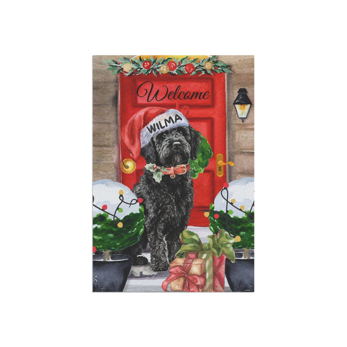 Personalized Black Doodle Dog Christmas Flag - Custom Curly Black Labradoodle, Goldendoodle, Doodle Mom Gift, Stand Not Included