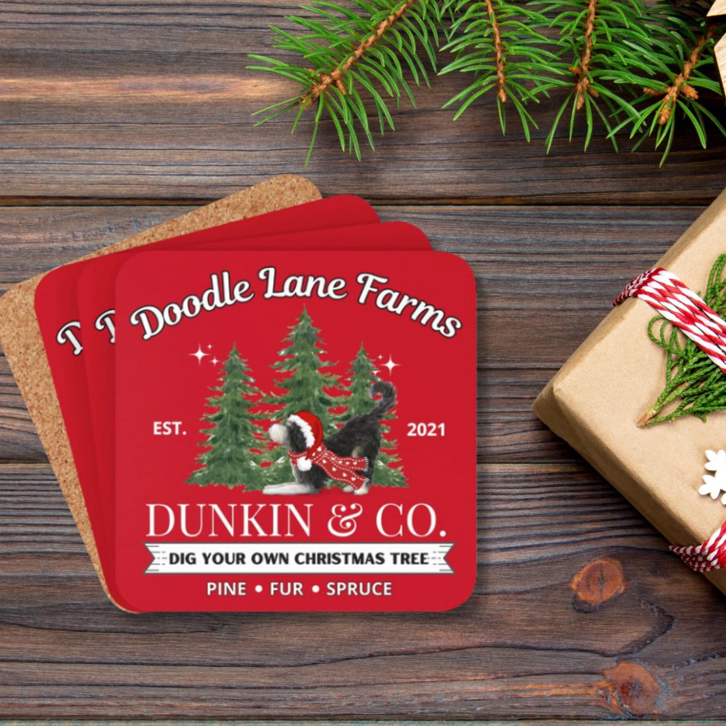 Personalized Doodle Christmas Coaster Set Gift - Bernedoodle, Sheepadoodle,Doodle Dog Mom and Dad Gift Idea, Corkwood Home Decor,