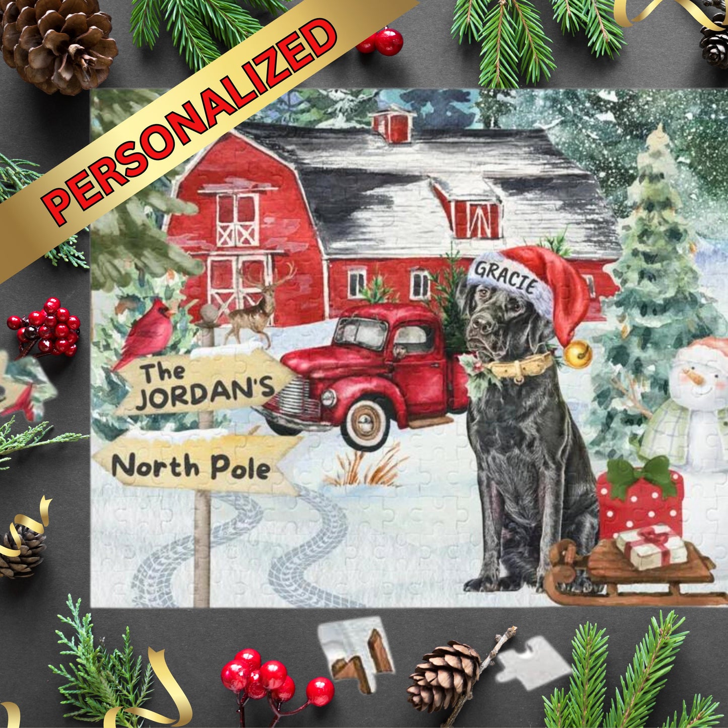 Personalized Black Labrador Retriever Christmas Puzzle (120 - 252, 500-Piece) Black Lab Dog Mom or Dad Gift Idea, Gift Box Include