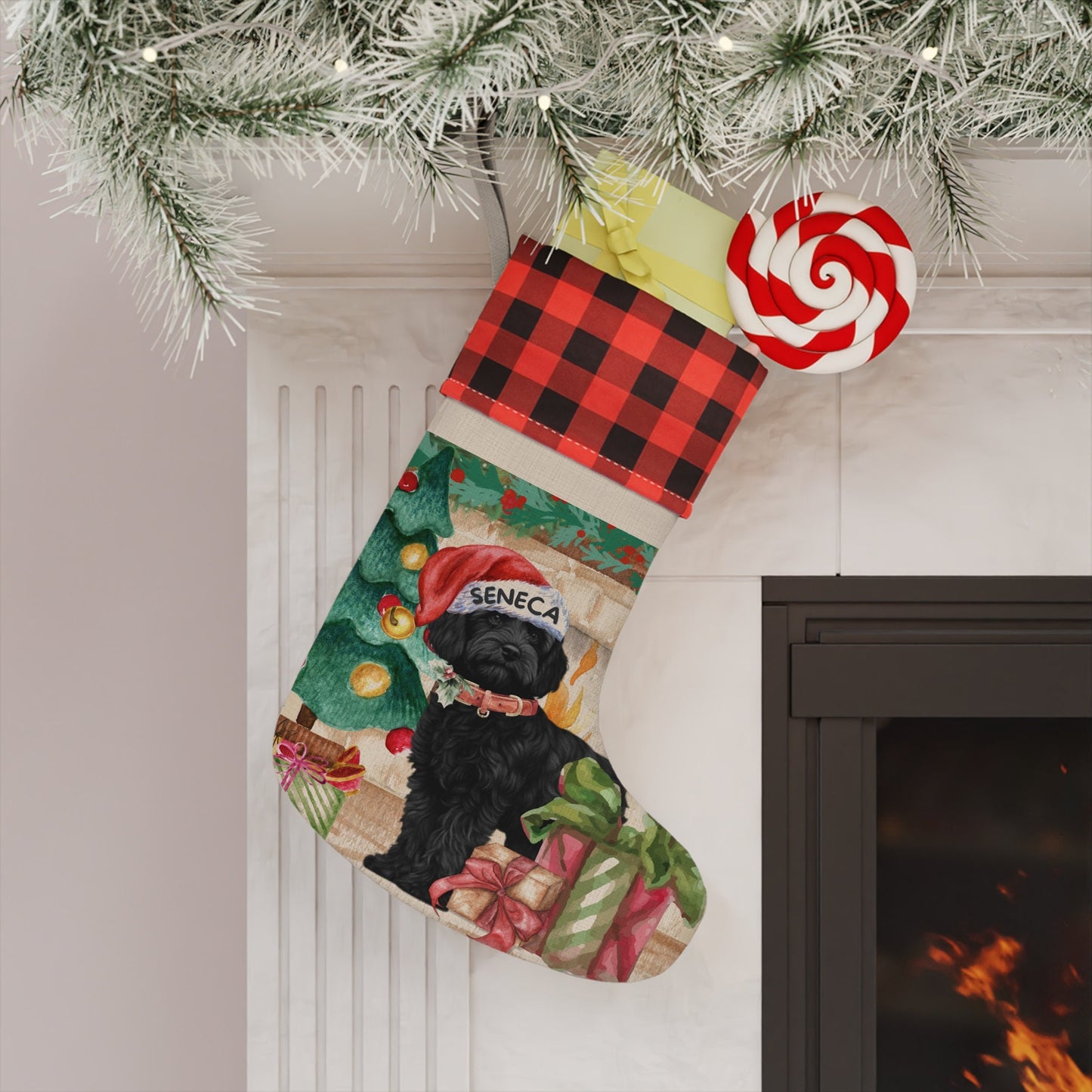 Personalized Black Cockapoo - Mini Doodle, Labradoodle, Cavapoo Dog Christmas Stocking, Custom Doodle Burlap/Linen Stocking, Doodl