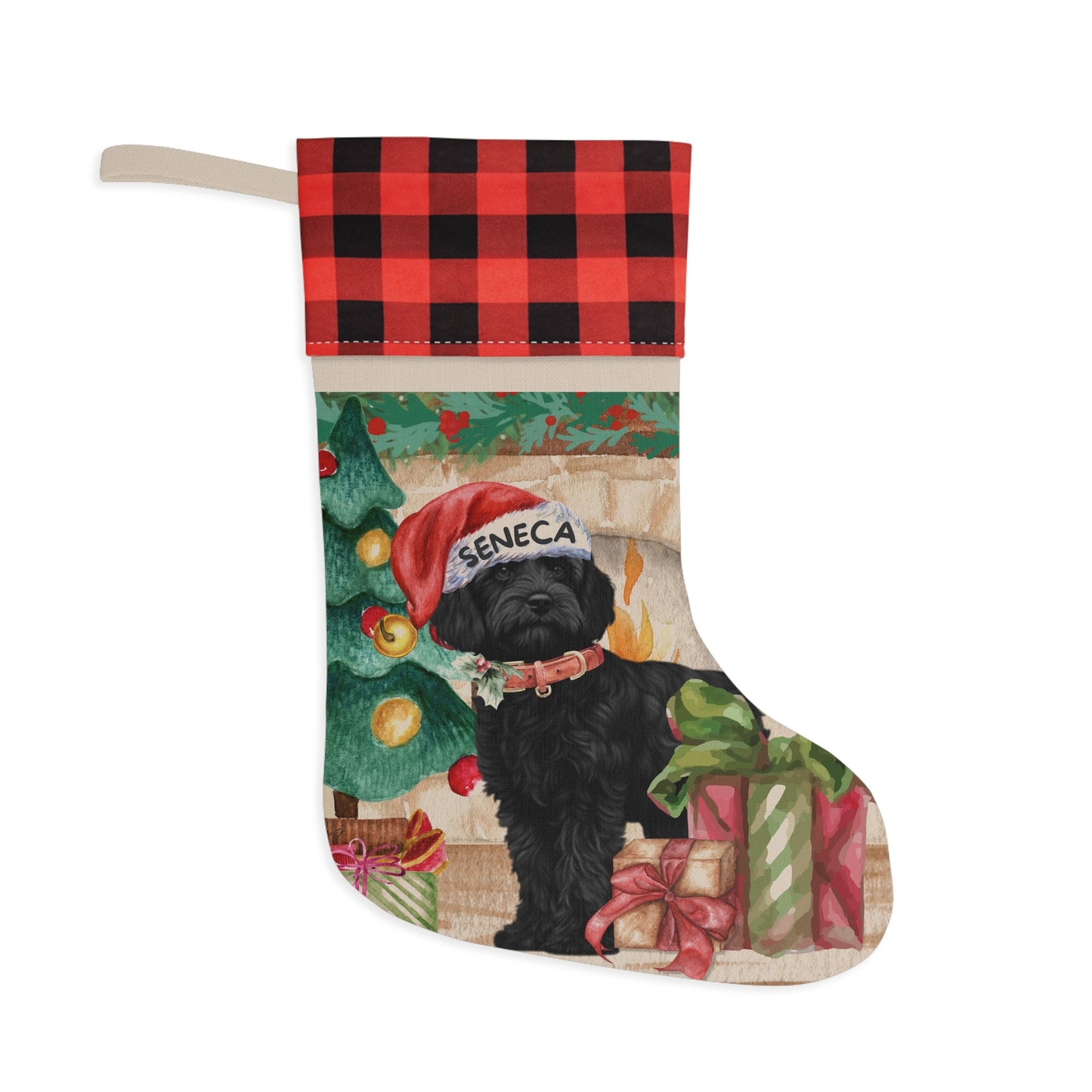 Personalized Black Cockapoo - Mini Doodle, Labradoodle, Cavapoo Dog Christmas Stocking, Custom Doodle Burlap/Linen Stocking, Doodl