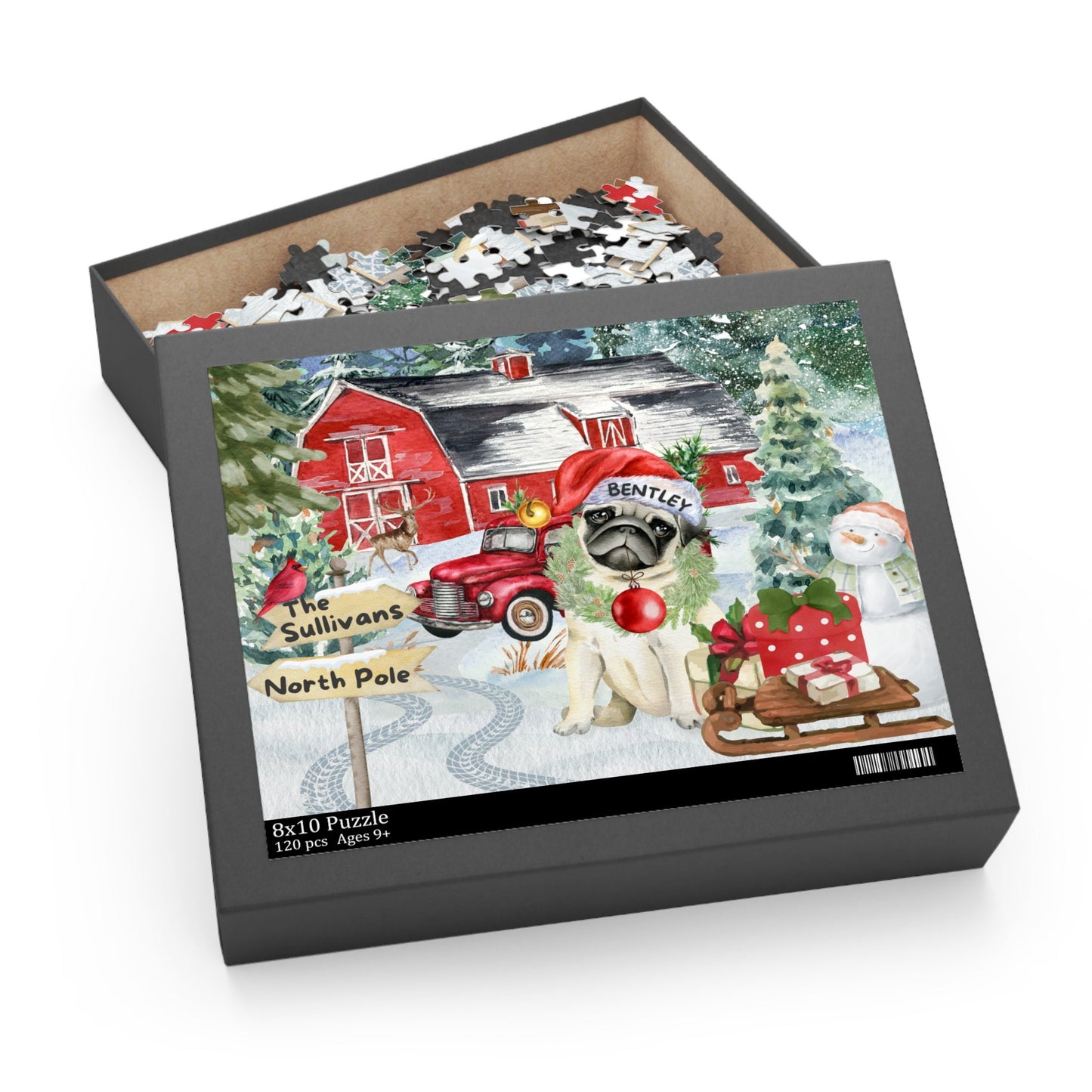 Personalized Pug Christmas Puzzle Gift - Customized Pug Mom or Dad Gift Idea, (120, 252, 500-Piece) Gift Box Included