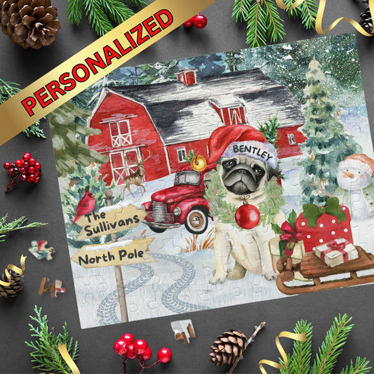 Personalized Pug Christmas Puzzle Gift - Customized Pug Mom or Dad Gift Idea, (120, 252, 500-Piece) Gift Box Included